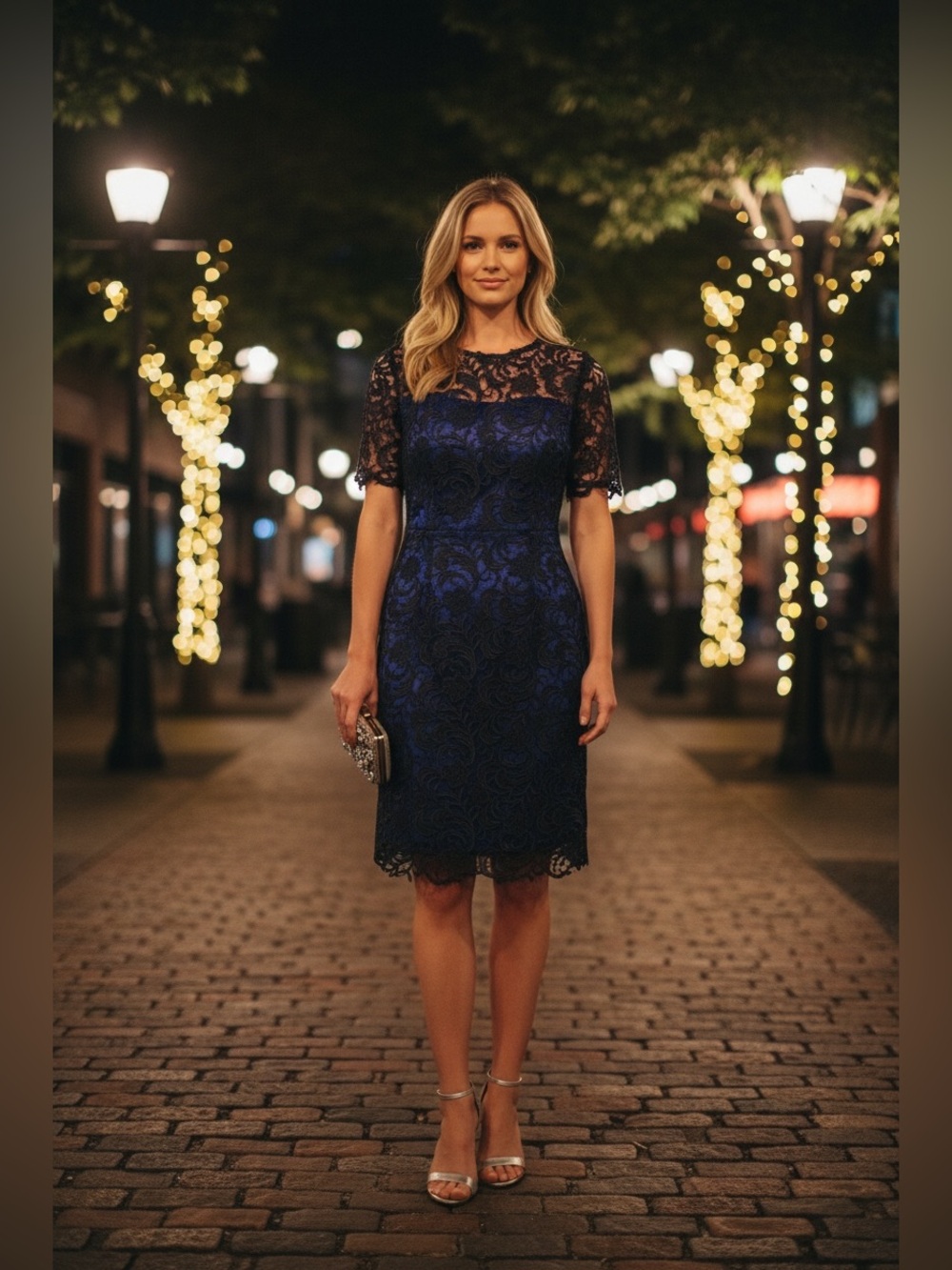 Laundry By Shelli Segal- Black Lace Overlay with Blue Illusion Sheath